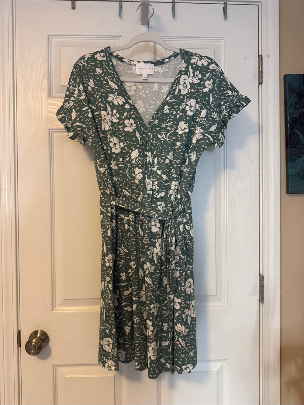 French Grey Green Floral Wrap Midi Dress